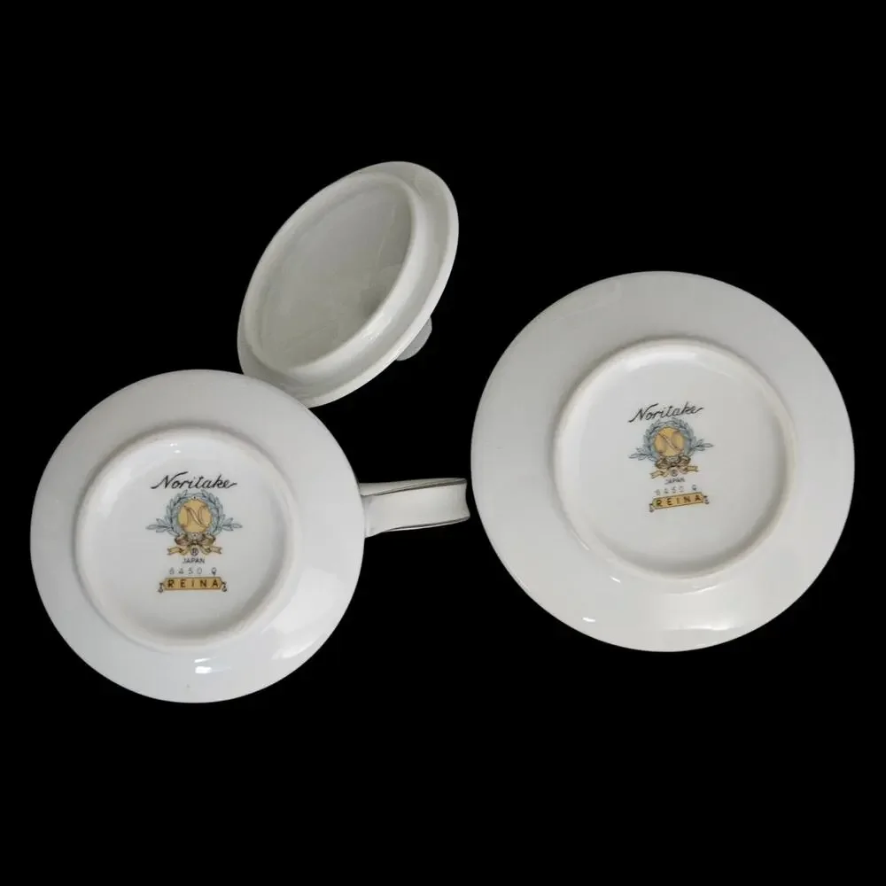 Noritake Reina 6450Q Creamer & Covered Sugar Bowl Set White China Japan